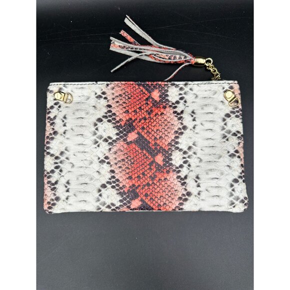 Genuine Leather Snake Print Tassel Clutch Purse - Made In Italy -Red Black White - Picture 4 of 6